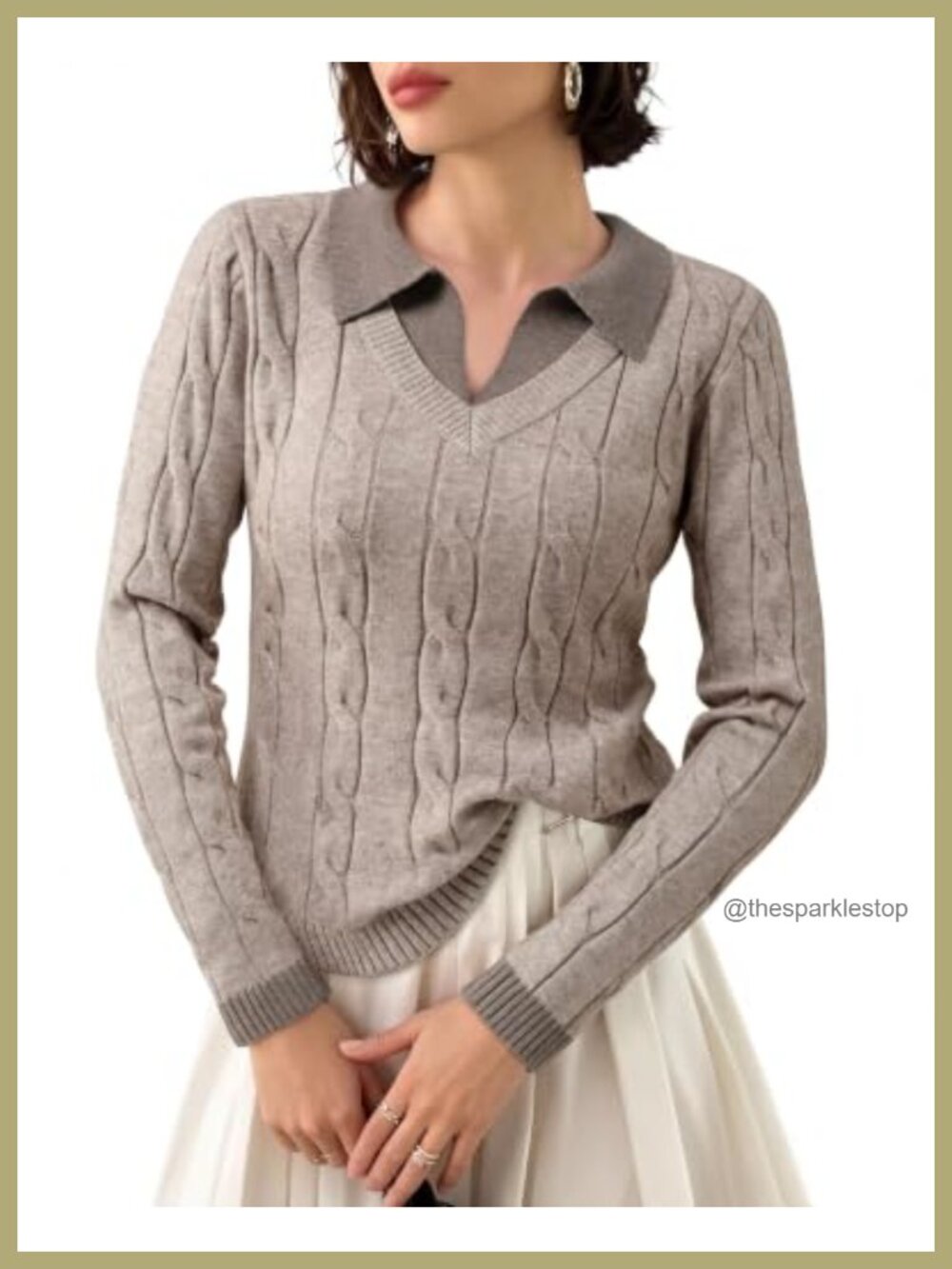 Cable Knit V-Neck Collared Pullover Sweater Long Sleeve
